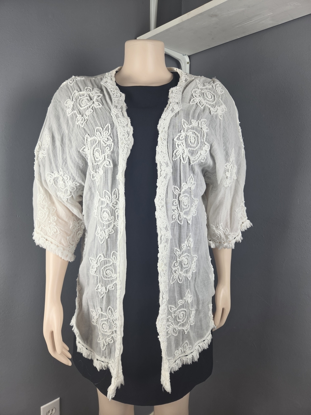 White Floral Embroidered Open-Front Tunic Jacket